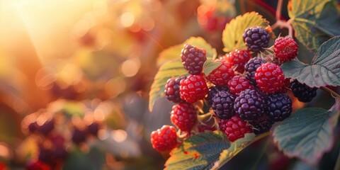 Selective focus on ripe blackberries bush with shallow depth of field