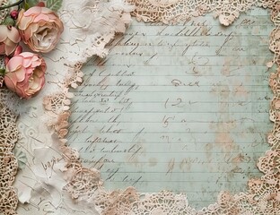 Romantic multi layer  collage in a vintage shabby chic style with torn paper, lace and flowers