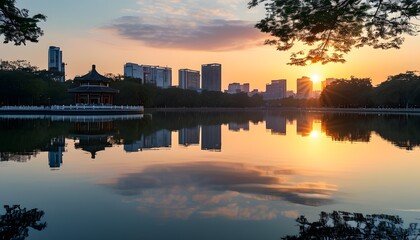 The tranquil scene of the park lake under the sunset, the reflection complements the building.