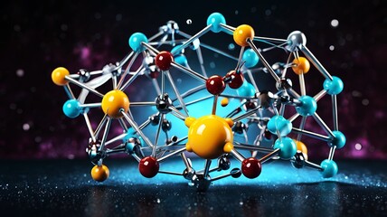 3D Illustration of Science Background with Futuristic Sci-Fi Colors, Featuring Intricate Molecule and Atom Models, Perfect for Scientific, Educational, and Tech-Themed Projects