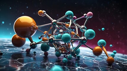 3D Illustration of Science Background with Futuristic Sci-Fi Colors, Featuring Intricate Molecule and Atom Models, Perfect for Scientific, Educational, and Tech-Themed Projects