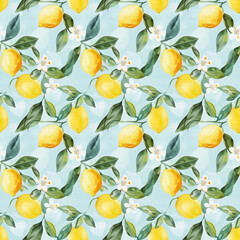 Obraz premium Seamless watercolor pattern with lemons, green leaves, and white flowers on a blue background