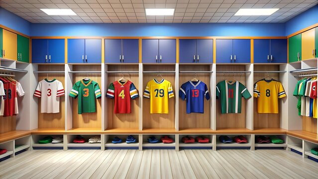 A Visual Representation of Unity and Preparation - Sports Jerseys Await Their Athletes  Generative AI