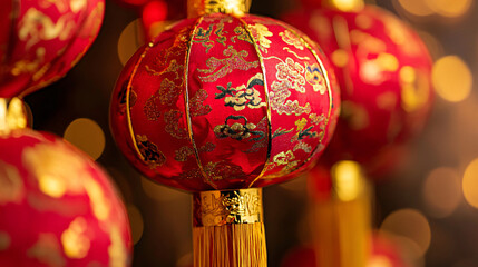 Photography of a close-up of festive red paper lanterns with gold tassels, adorned with traditional Chinese patterns 