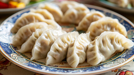 Photography of a close-up of traditional Chinese dumplings with intricate folding and filling, served on a decorative plate 