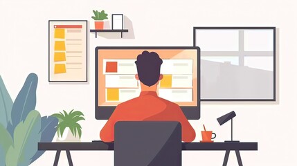 An office worker on a video call with a visible schedule or agenda on the screen in the background. Minimalist stock photo 