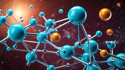 3D Illustration of Science Background with Futuristic Sci-Fi Colors, Featuring Intricate Molecule and Atom Models, Perfect for Scientific, Educational, and Tech-Themed Projects