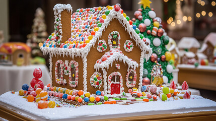 Photography of a beautifully decorated gingerbread house with icing, candies, and gumdrops 
