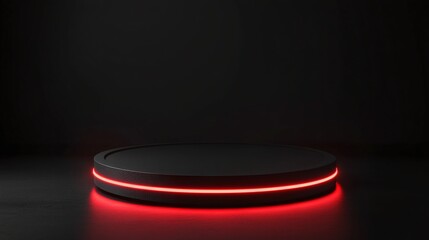 Black Podium with Red Neon Lights Against a Black Background, Design Concept for Product Display, 3D Rendering