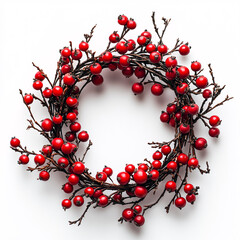 Obraz premium A festive wreath composed of bright red berries and dark, intertwining branches, presenting a vivid contrast and seasonal charm