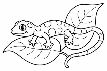 Coloring pages for kids, bold line art, A vibrant gecko crawling on a large leaf, with intricate patterns and details on its skin. style cartoon vector illustration