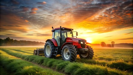 Sunrise Over the Fields: A Vibrant Red Tractor Bathed in Golden Light  AI Generated