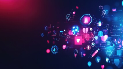 Abstract digital background with neon pink hearts, medical symbols, and data graphics on a dark blue backdrop.