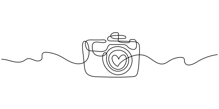 Solid line vector illustration design of digital camera on white background. A heart in the lens of the camera. Linear graphics in the style of minimalism. Photo and video recording technique