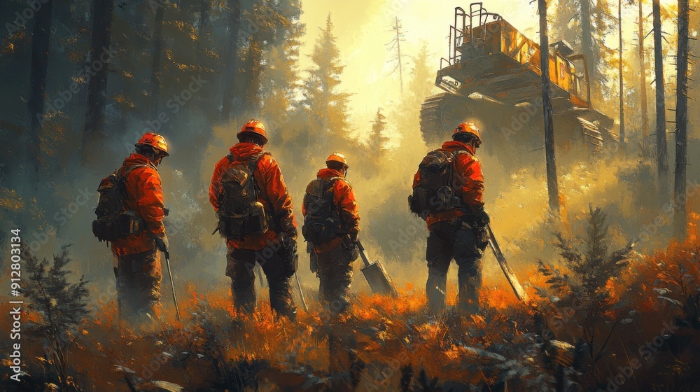 Wall mural digital illustration of lumberjacks at work in logging industry