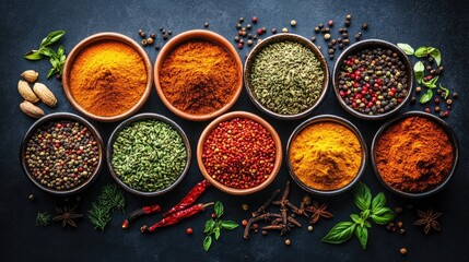 Overhead shot of various spices in bowls on a dark background, featuring vibrant colors and textures. Ideal for culinary and seasoning themes.