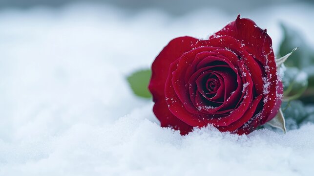 Close-up of a red rose laying in the snow, highlighting its vibrant color against the white background with space for text.