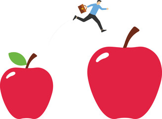 Financial and investment growth. Businessman jumping from small to the big apple. Flat vector illustration.

