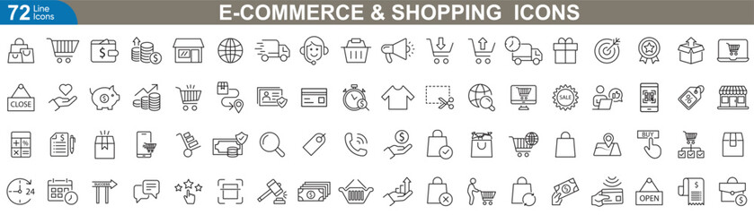 E commerce and shopping icons set vector illustration. Shopping, retail, cart, checkout, payment, delivery, sale and marketplace.
