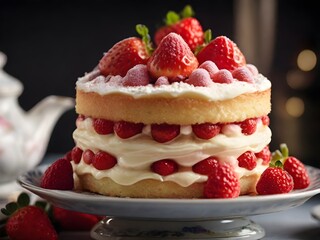 A close-up of the classic Victoria Strawberry Sponge Cake with Cream