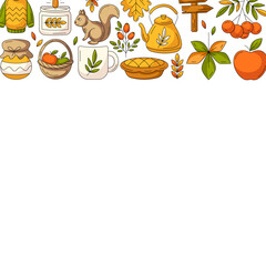 Autumn square poster with space for text. Colorful upper border frame with fall seasonal cozy elements. For greeting card, banner, invitation, social media, festival or postcard. Isolated background