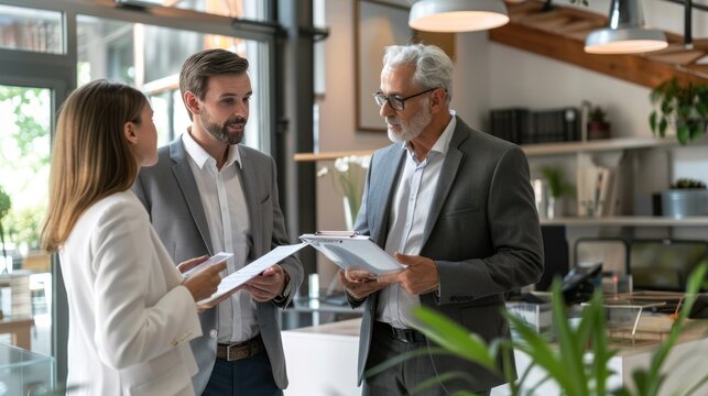 A commercial real estate agent discussing property leases with business owners