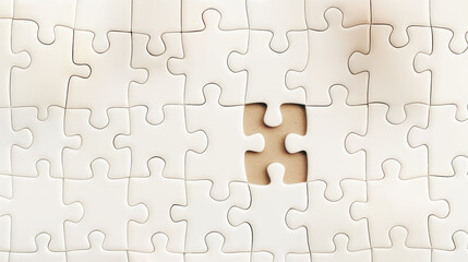 white blank Jigsaw puzzle background, with one missing puzzle piece placed in the center of the board	
