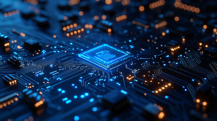 Advanced Glowing Blue Circuit Board with Intricate Electronic Patterns and Light Points for Modern Technology and Engineering Concepts
