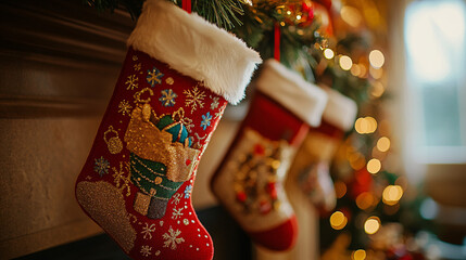 Photography of a close-up of a festive Christmas stocking hanging on a decorated mantelpiece 