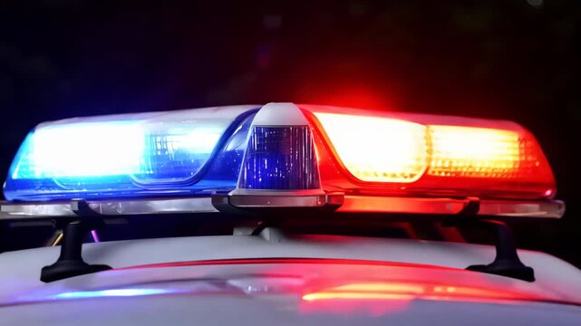 Red and blue lights flashing on police patrol car close-up. Warning siren closeup. Crime investigation concept, city security service. Emergency call incident prevention. Rescue lives department.