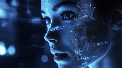 Close-up of a Woman's Face with Digital Code Projected onto Skin