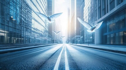 Futuristic empty street, holographic birds flying, symbol of freedom, digital serenity