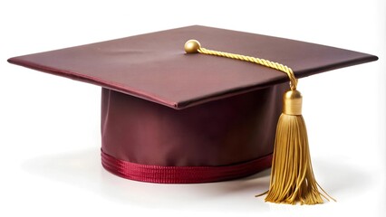 A Cap of Knowledge: A Maroon Graduation Cap with a Golden Tassel against a White Background, Symbolic of the Pursuit of In  AI Generated