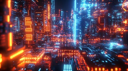 Fototapeta premium Futuristic Cityscape with Neon Lights and Geometric Structures