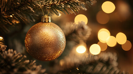 Photography of a close-up of a shimmering gold Christmas ornament hanging on a decorated tree branch 