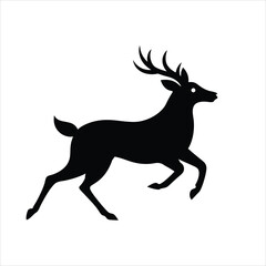 Black Silhouette of a Running Deer with Antlers, Wildlife Animal Illustration