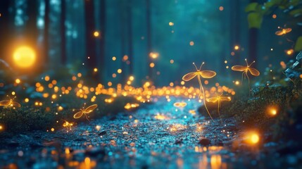 A swarm of fireflies in a dark forest, bioluminescent