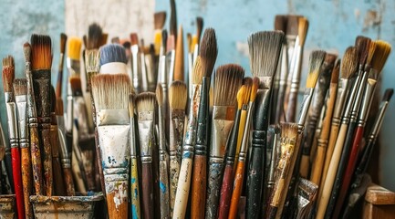 Fototapeta premium A collection of various art supplies, such as paintbrushes and brushes, arranged in an artistic display on the table.