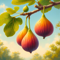 Three figs with branches and leaves