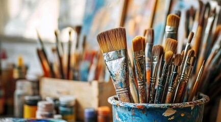 A collection of various art supplies, such as paintbrushes and brushes, arranged in an artistic display on the table.