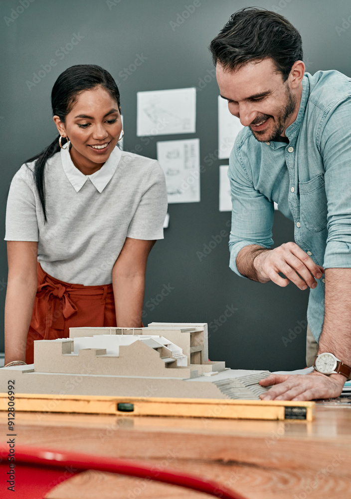 Poster architecture, blueprint and people in meeting in office with 3d design, floorplan and building proje
