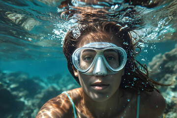 Naklejka premium A woman is swimming underwater wearing goggles