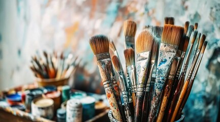 Fototapeta premium A collection of various art supplies, such as paintbrushes and brushes, arranged in an artistic display on the table.