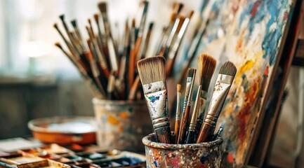 Fototapeta premium A collection of various art supplies, such as paintbrushes and brushes, arranged in an artistic display on the table.