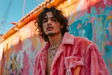 A man in a pink jacket stands in front of a colorful wall