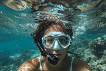 Naklejka premium A woman is underwater wearing a mask and snorkel