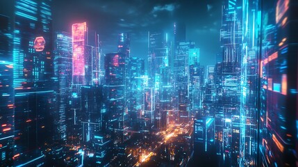 Obraz premium Futuristic Cityscape with Neon Lights and Glowing Towers