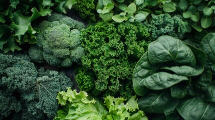 A diverse assortment of fresh leafy greens, including kale, spinach, lettuce, and broccoli, displayed together, highlighting their vibrant and crisp textures.