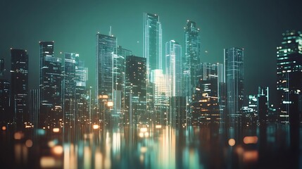 Obraz premium Nighttime View of a City Skyline with Tall Buildings and Reflections