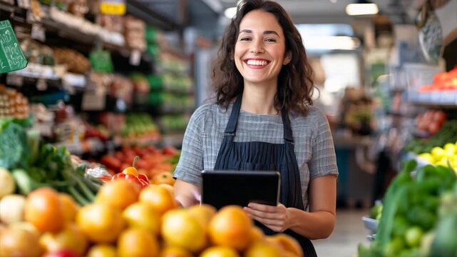 Happy woman store owner using a digital tablet in her grocery store. Ai Footage.